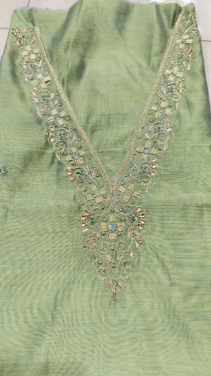 Pure Original Chanderi Silk Kurti Fabric with Hand Zardosi Work