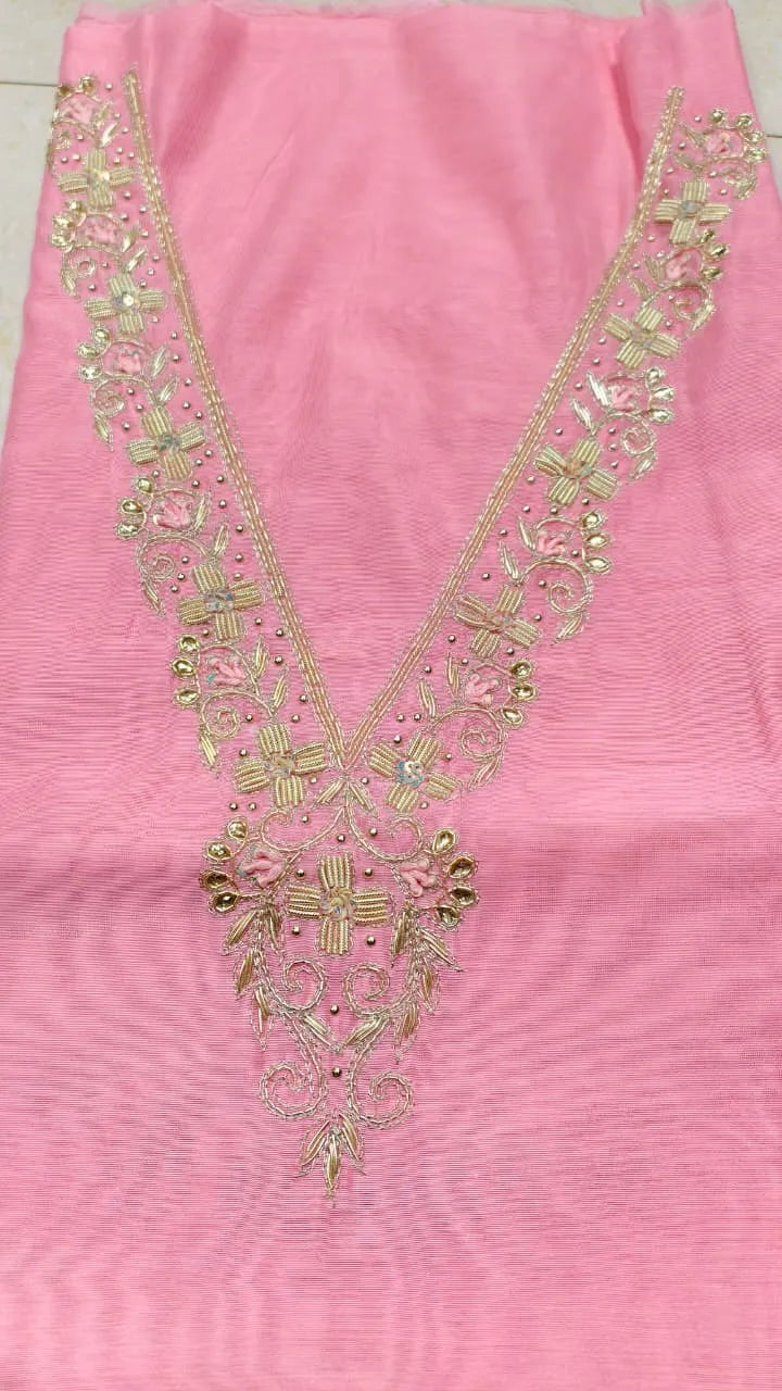 Pure Original Chanderi Silk Kurti Fabric with Hand Zardosi Work