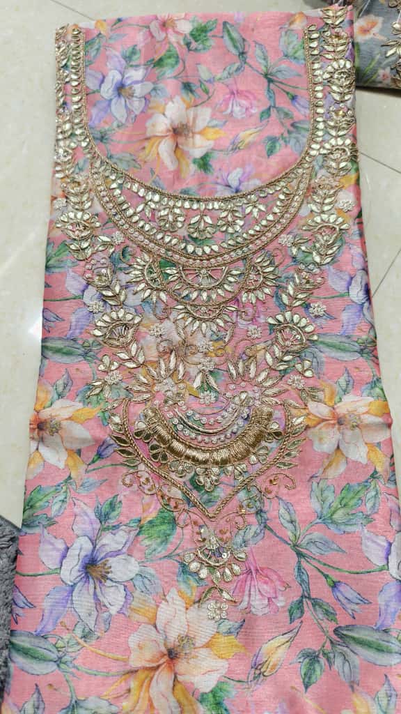 Pure Chanderi Silk Zardosi Work Kurti Fabric
