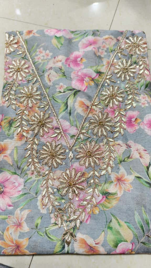 Pure Chanderi Silk Zardosi Work Kurti Fabric