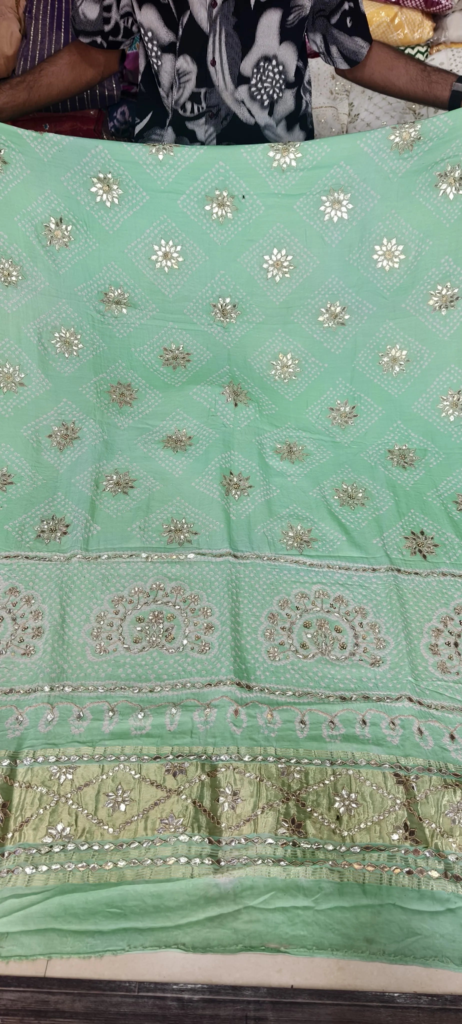 Pure Gaji Silk Hand Bandej Dupatta with Lagdi Patta & Gota Patti Hand Work