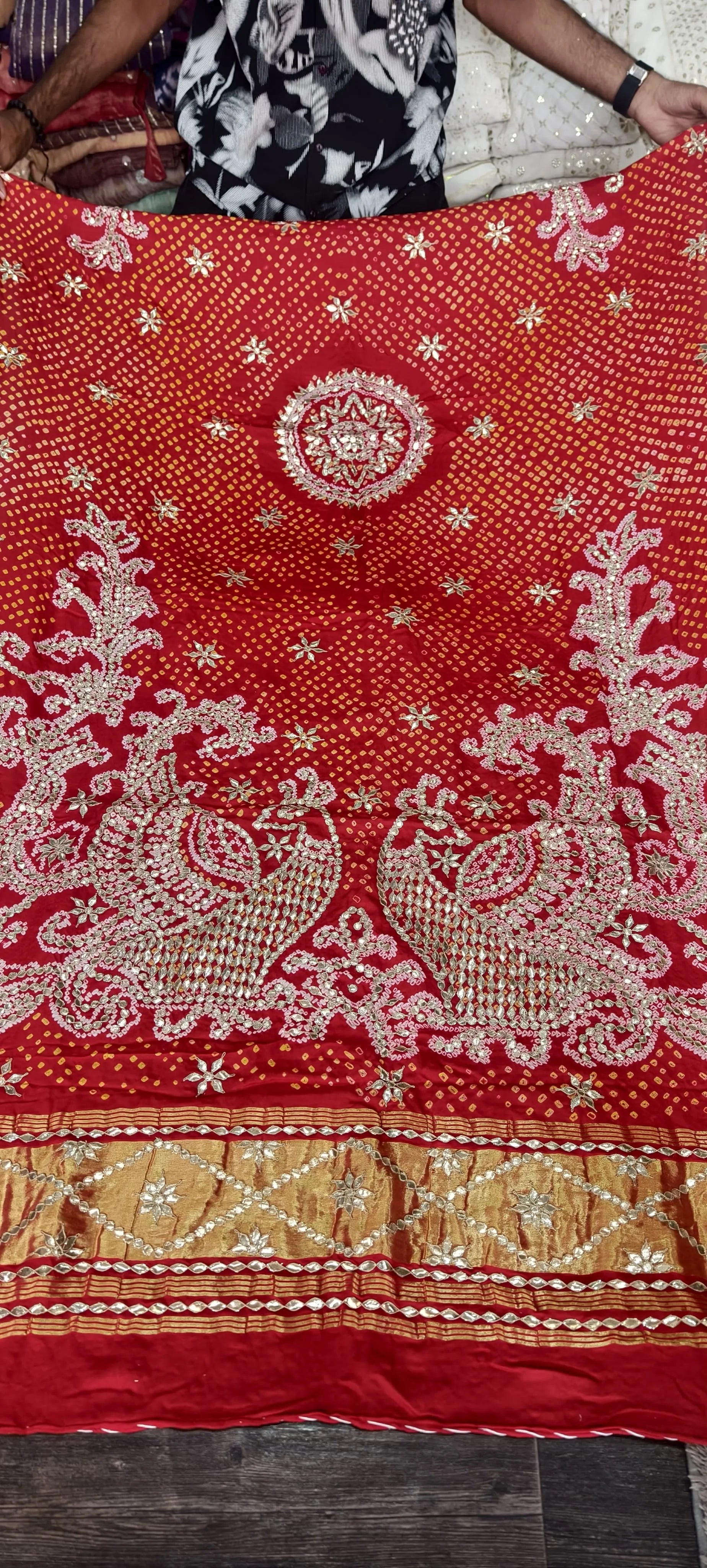 Pure Gaji Silk Hand Bandej Dupatta with Lagdi Patta & Gota Patti Hand Work