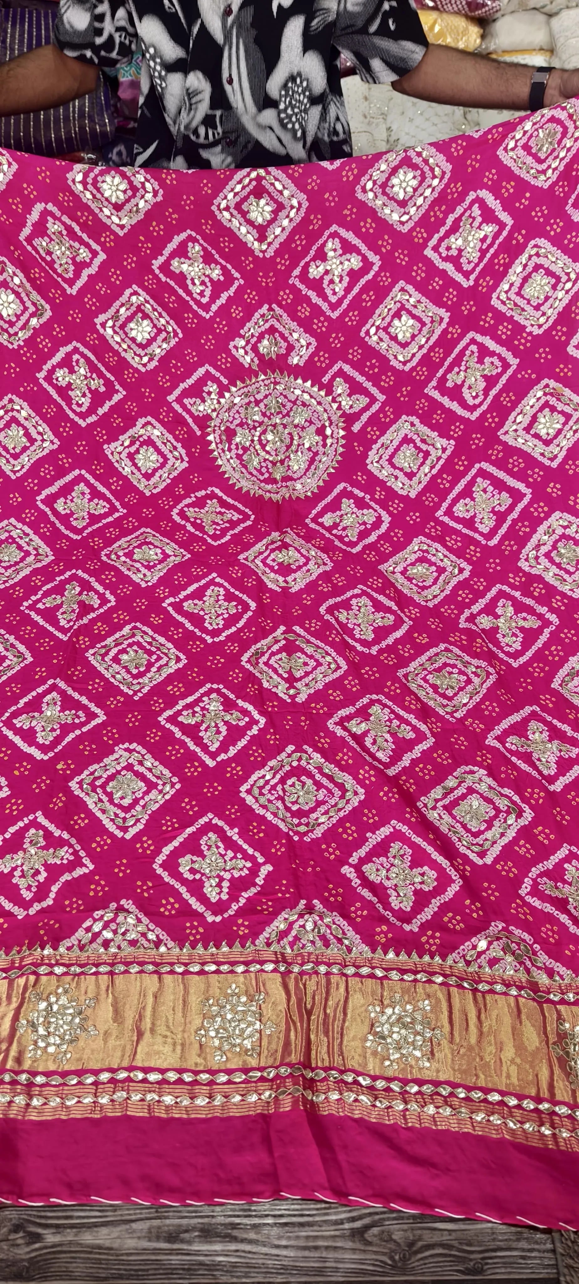 Pure Gaji Silk Hand Bandej Dupatta with Lagdi Patta & Gota Patti Hand Work