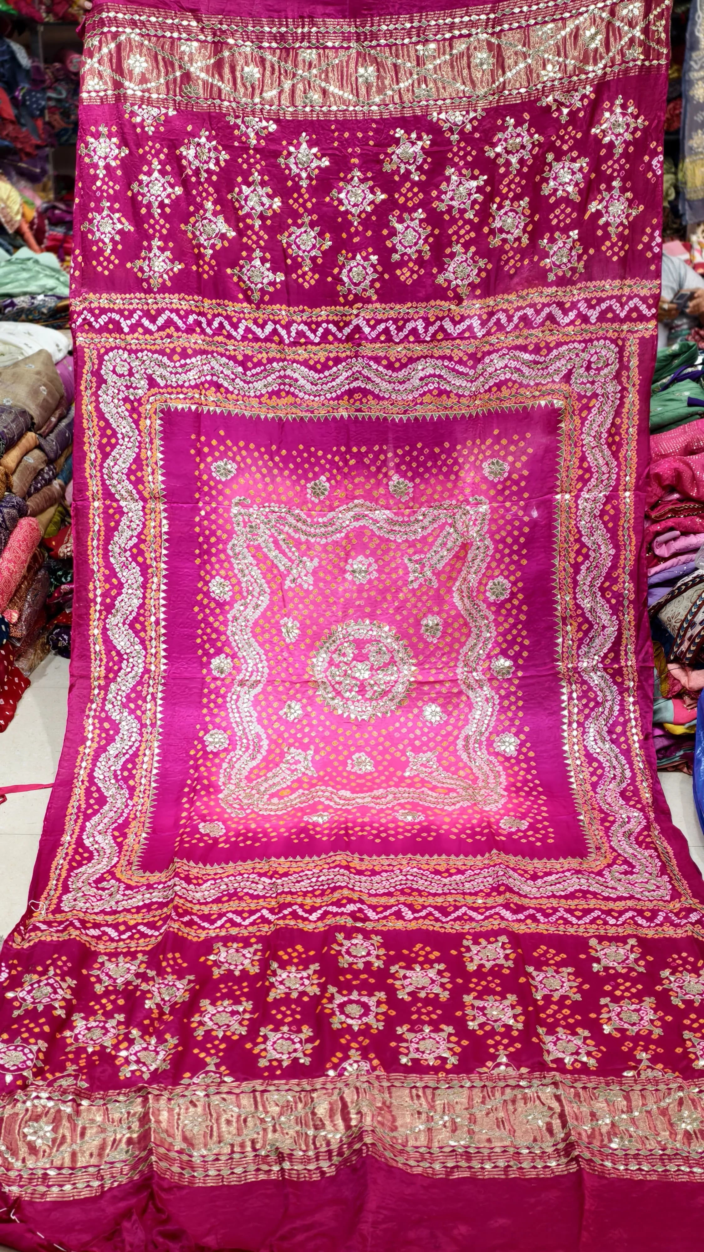 Pure Gaji Silk Hand Bandej Dupatta with Lagdi Patta & Gota Patti Handwork