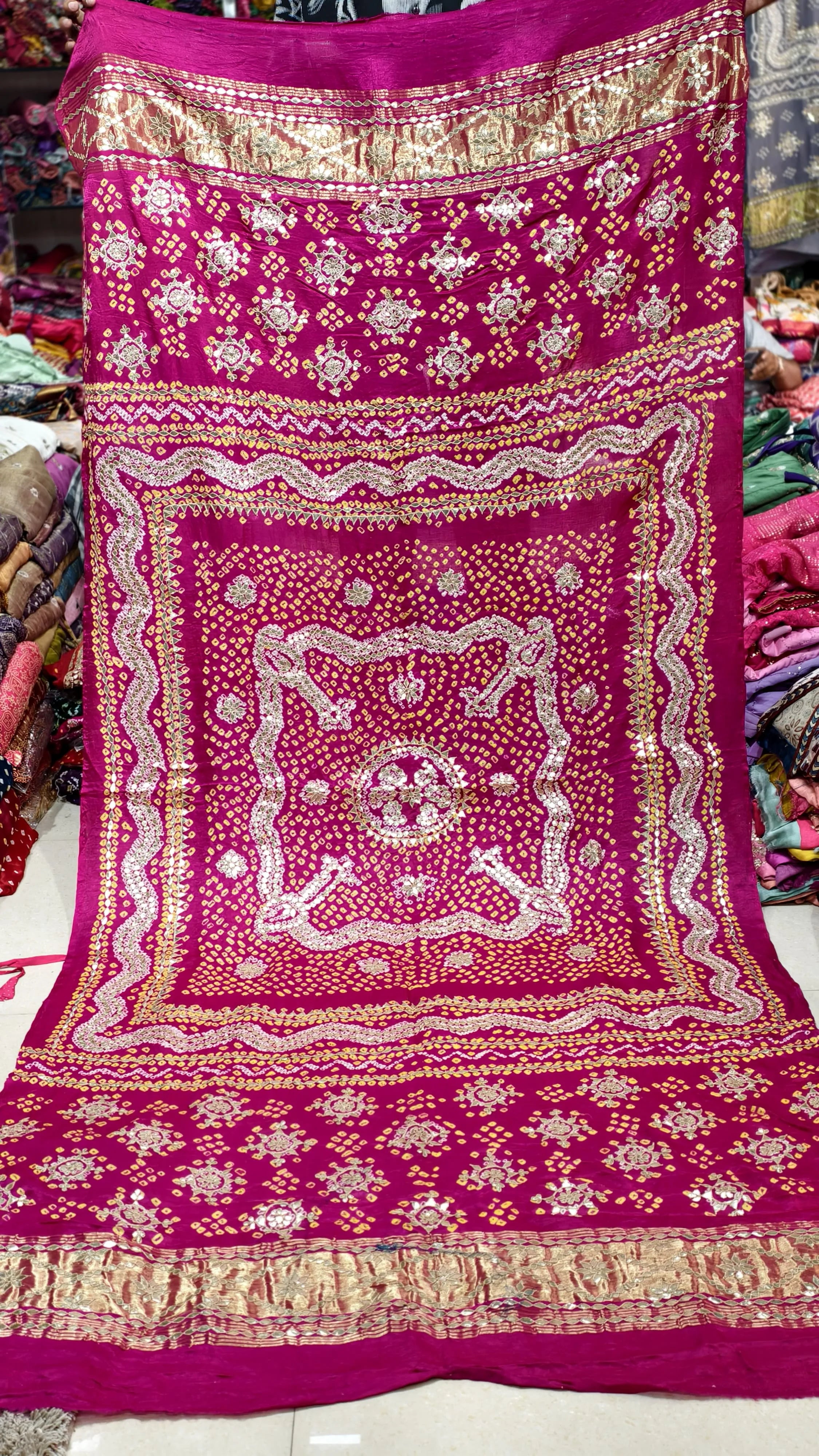 Pure Gaji Silk Hand Bandej Dupatta with Lagdi Patta & Gota Patti Handwork