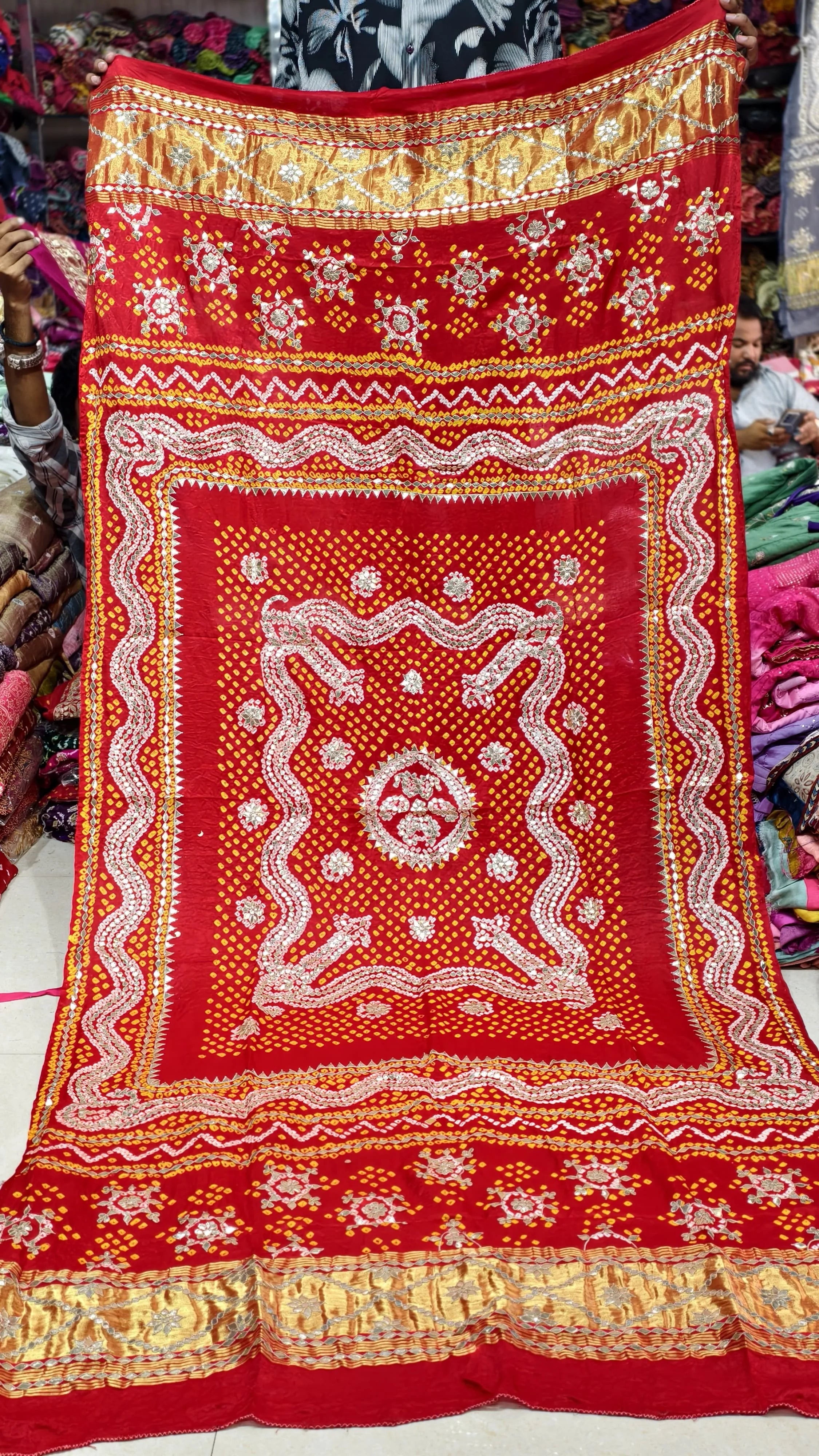 Pure Gaji Silk Hand Bandej Dupatta with Lagdi Patta & Gota Patti Handwork