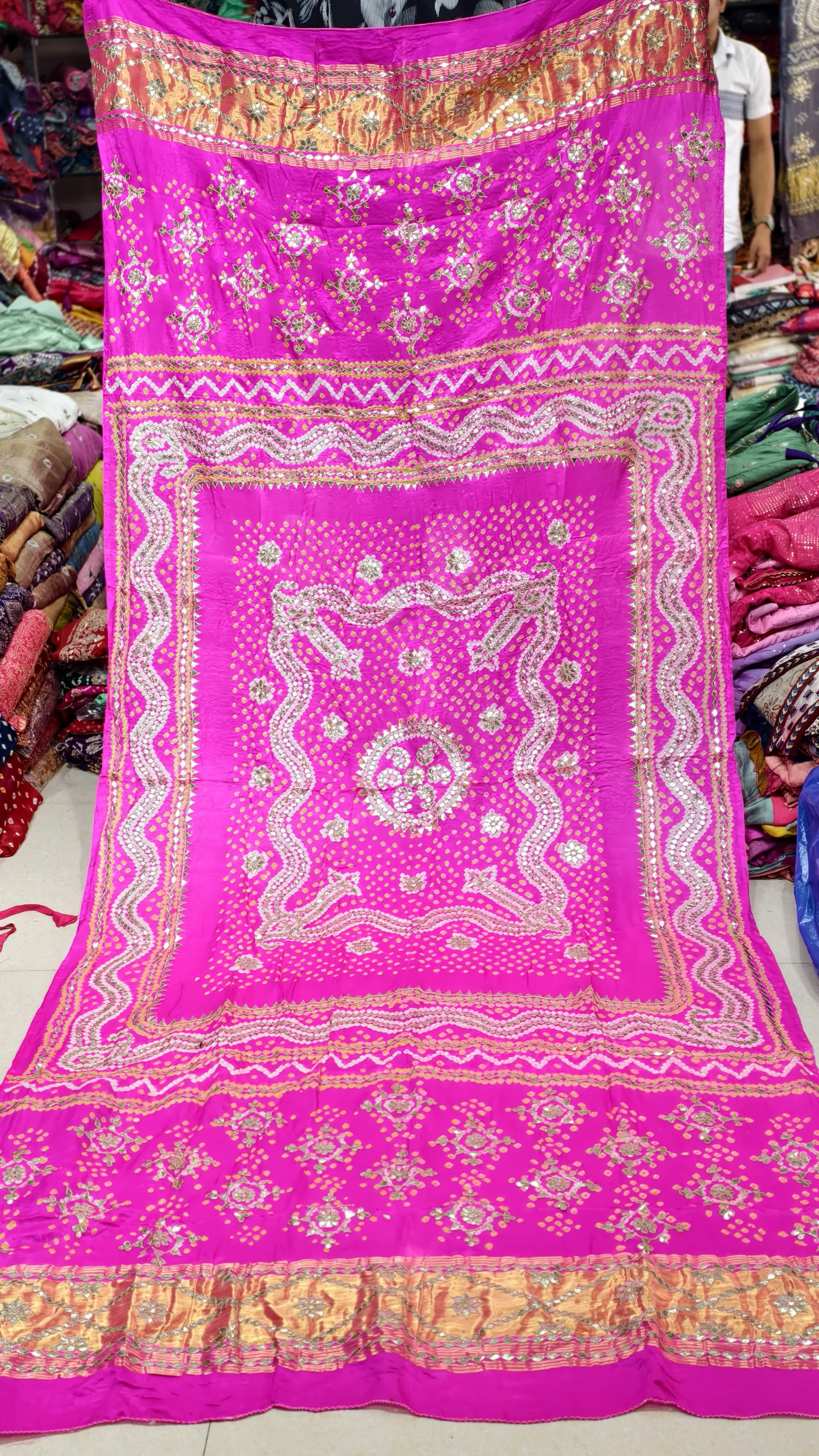 Pure Gaji Silk Hand Bandej Dupatta with Lagdi Patta & Gota Patti Handwork