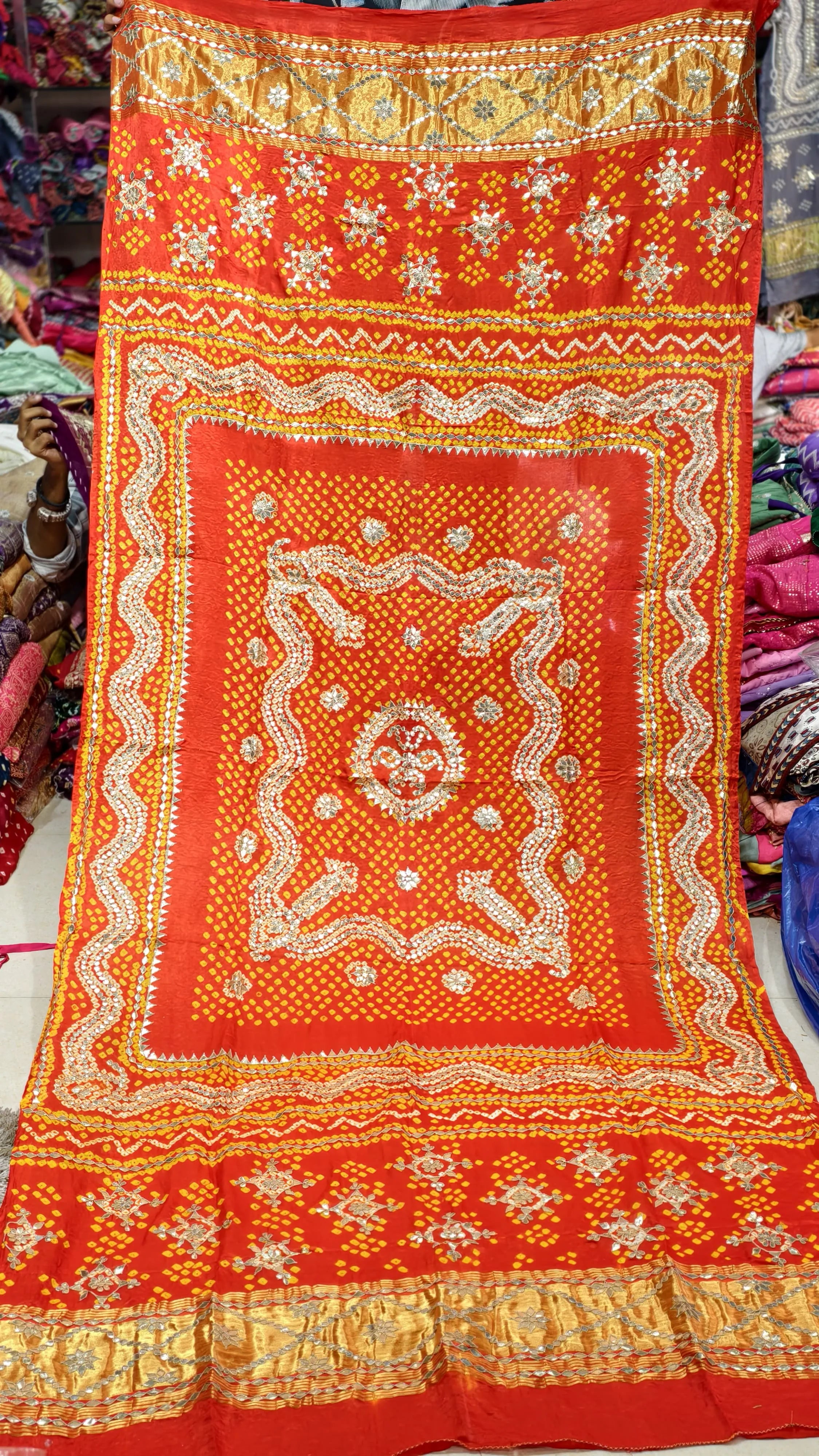 Pure Gaji Silk Hand Bandej Dupatta with Lagdi Patta & Gota Patti Handwork