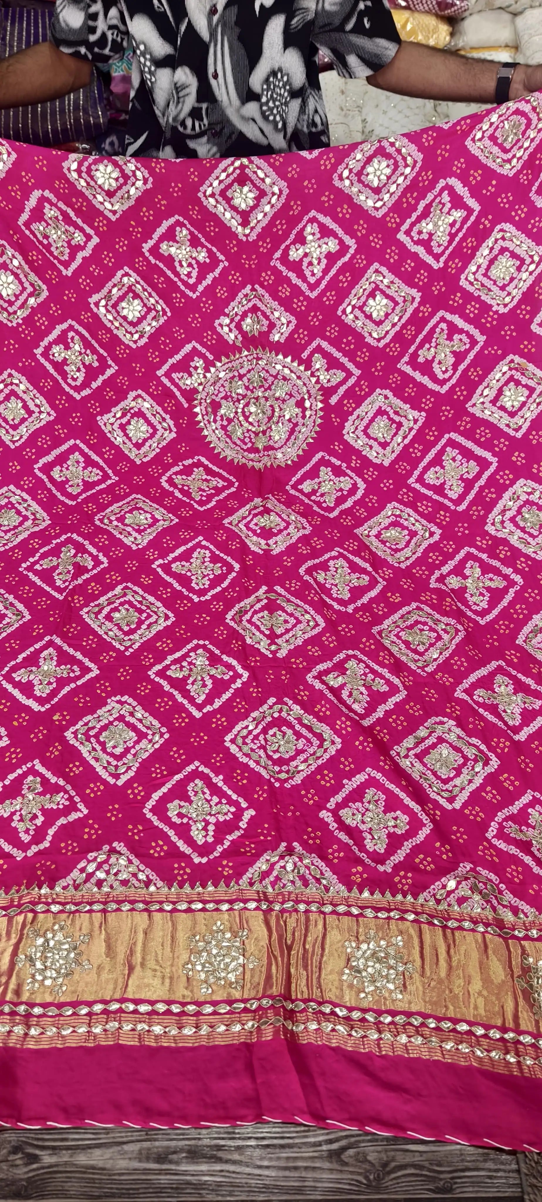 Pure Gaji Silk Hand Bandej Dupatta with Lagdi Patta &amp; Gota Patti Hand Work