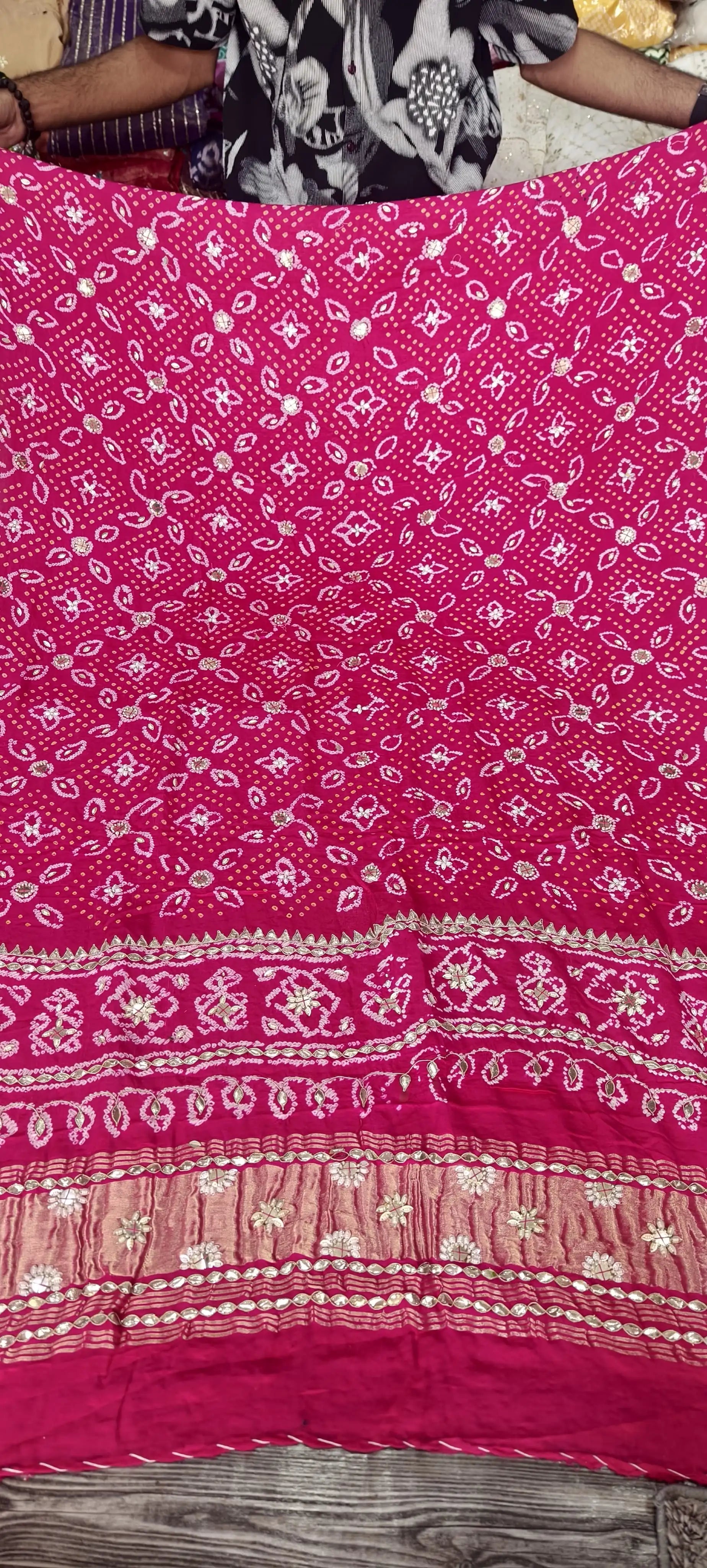 Pure Gaji Silk Hand Bandej Dupatta with Lagdi Patta &amp; Gota Patti Hand Work