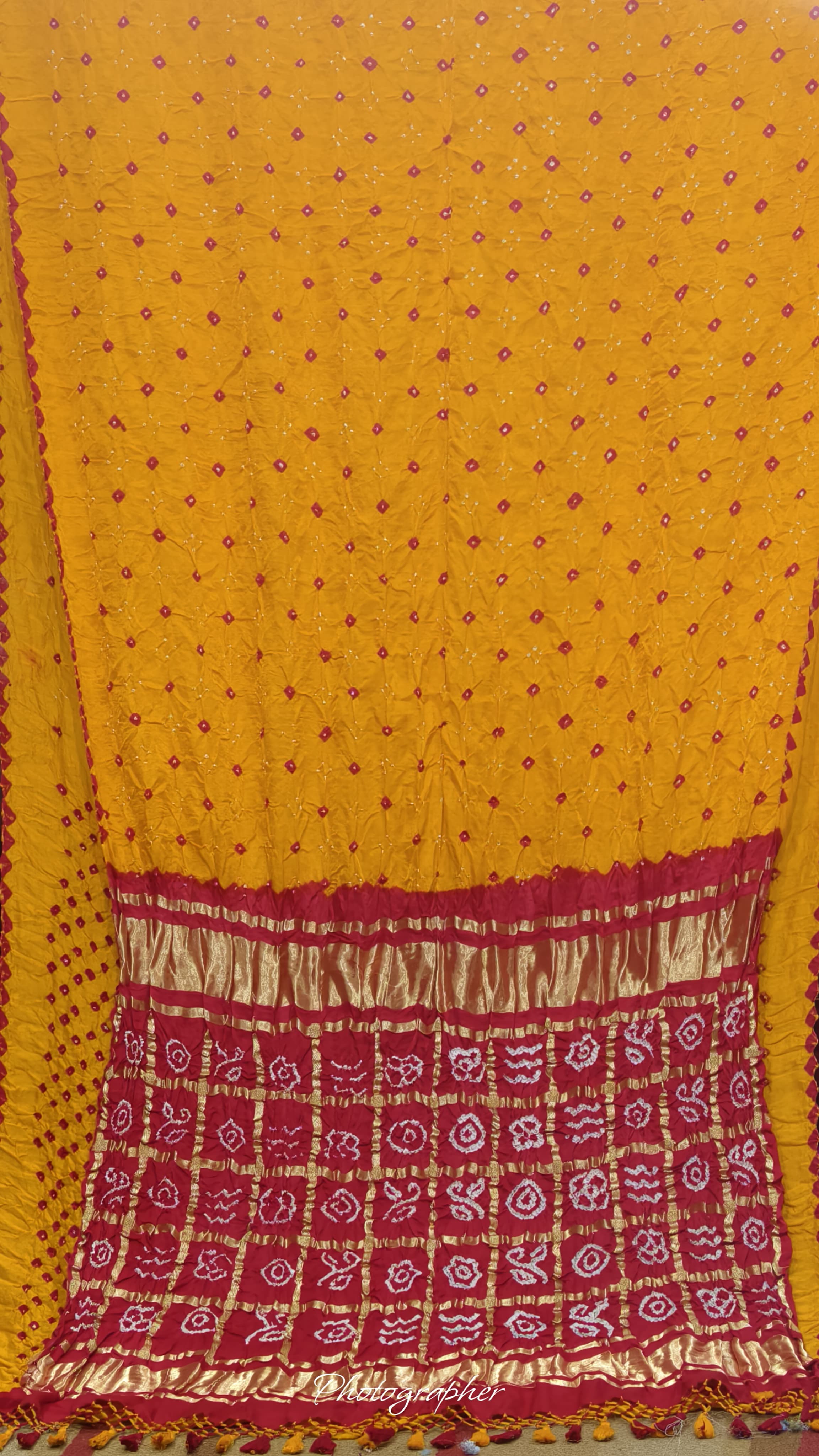 Pure Gaji Silk Hand Diamond Bandej N Saree With Gharchola Chex Pallu