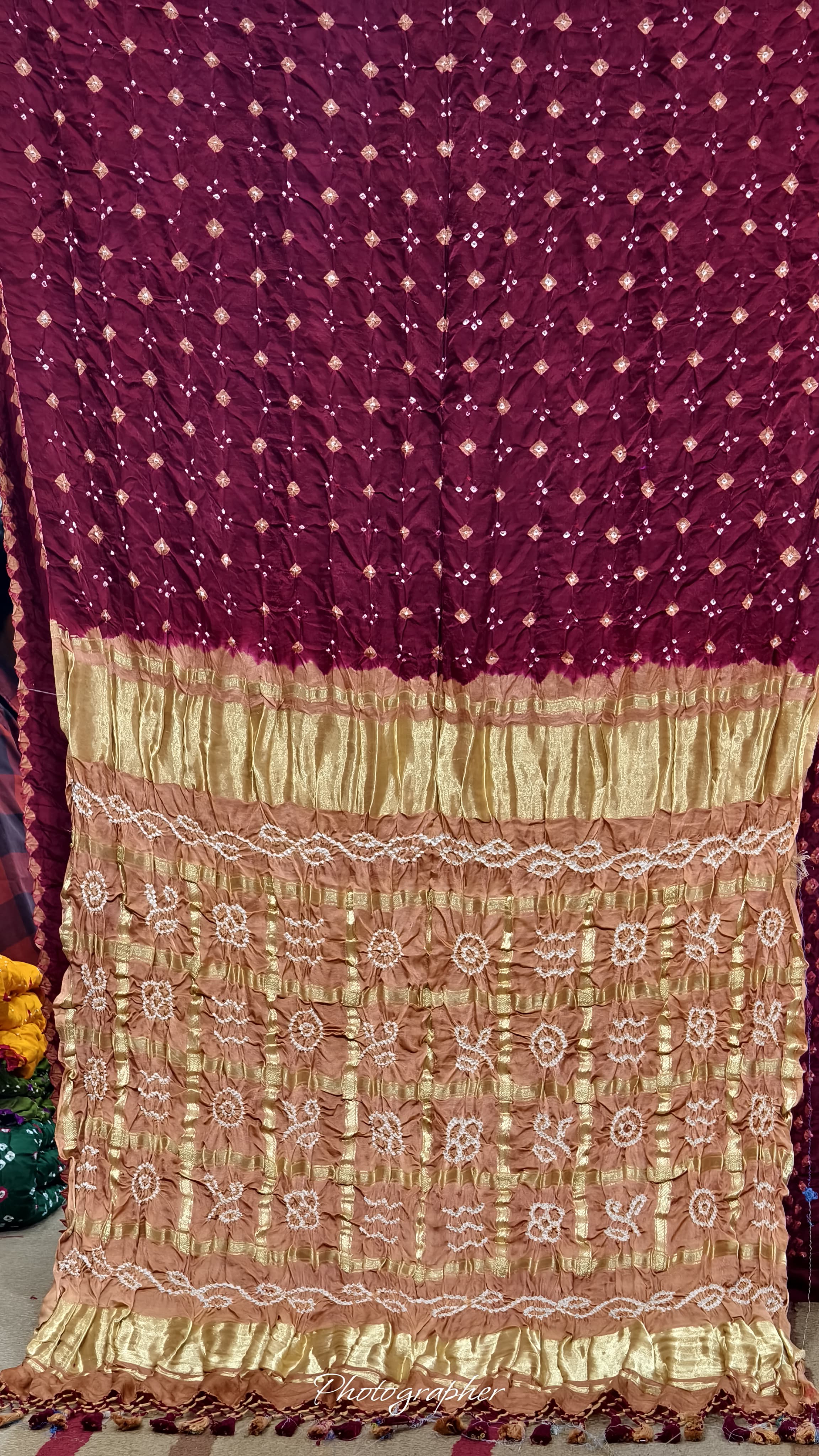 Pure Gaji Silk Hand Diamond Bandej N Saree With Gharchola Chex Pallu