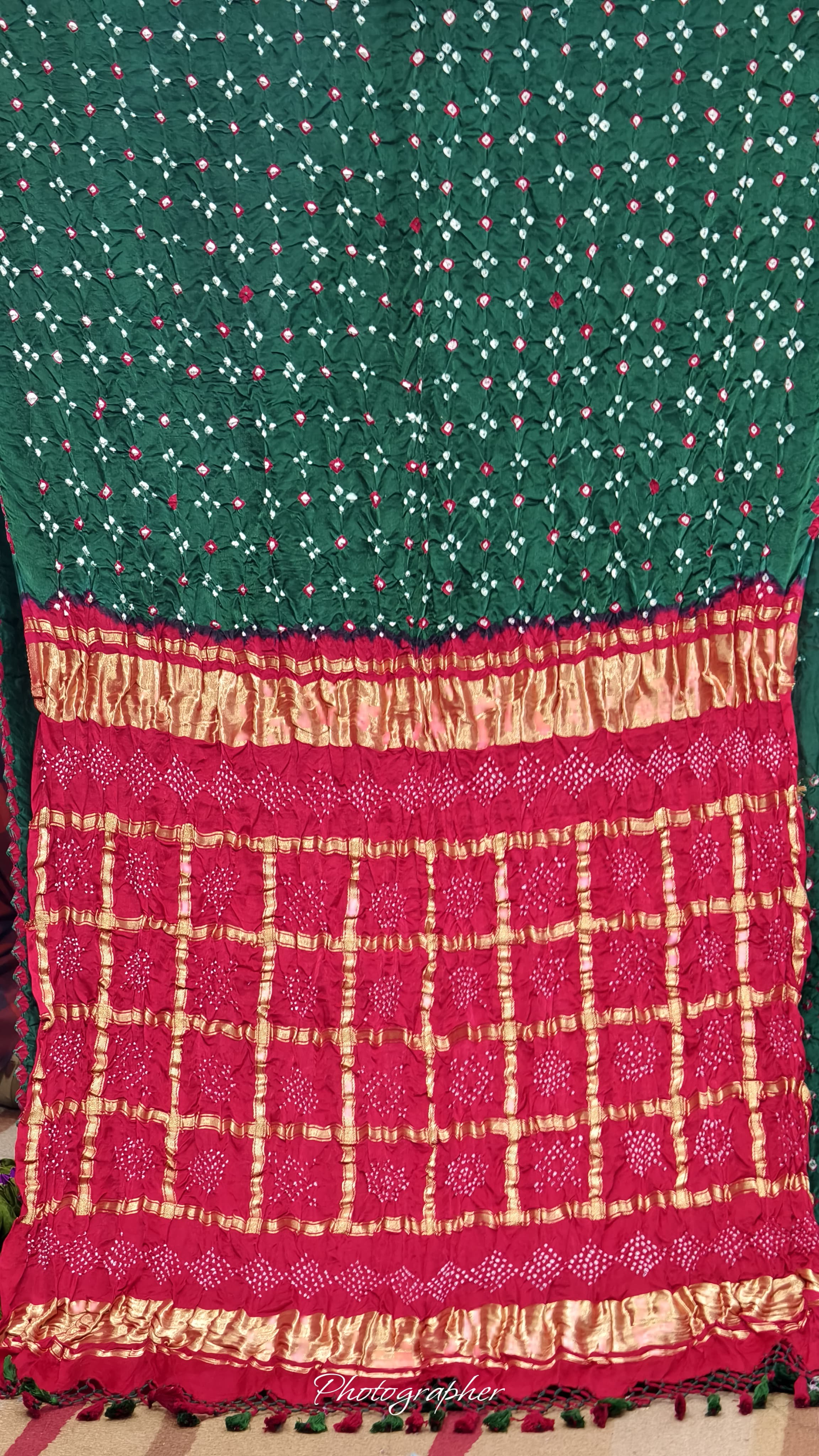 Pure Gaji Silk Hand Diamond Bandej N Saree With Gharchola Chex Pallu