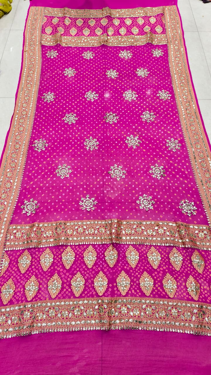 Pure Gaji Silk & Pure Georgette Hand Bandhej Dupatta