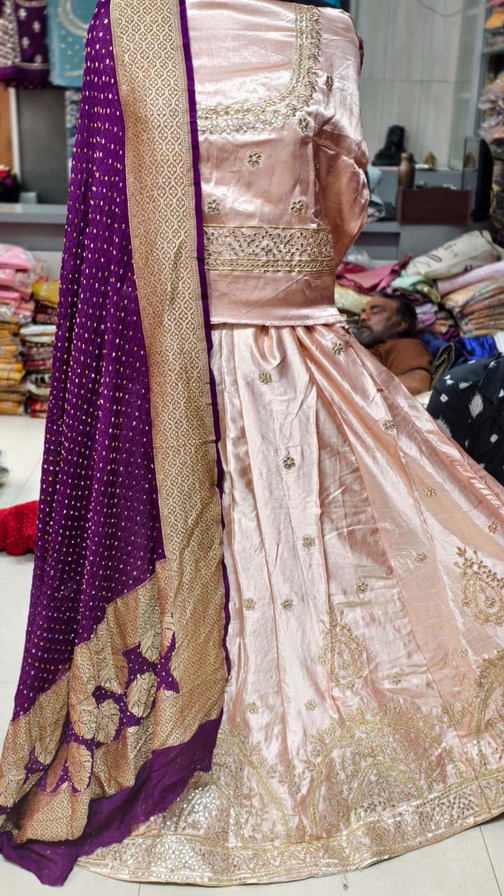 Pure Mashru Gaji Silk Ghagra &amp; Blouse with Hand Bandhej Upada Dupatta