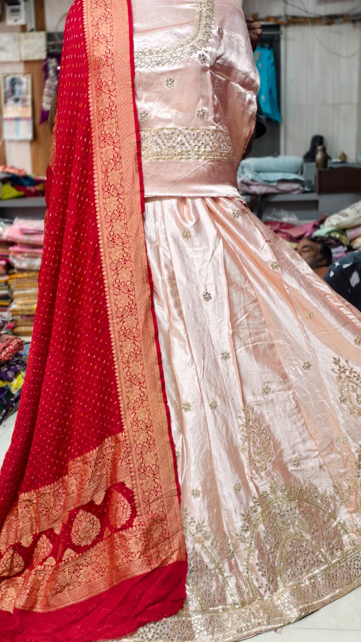 Pure Mashru Gaji Silk Ghagra &amp; Blouse with Hand Bandhej Upada Dupatta