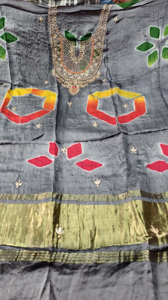 Pure Modal Gaji Silk Digital Print Kurti Fabric with Pearl Jardoshi Work