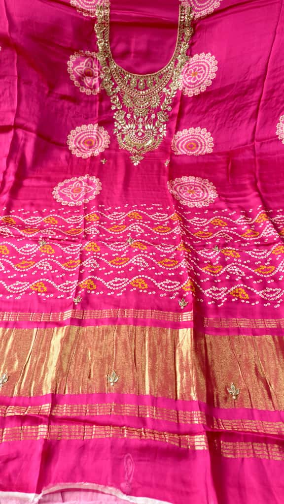 Pure Modal Gaji Silk Digital Print Kurti Fabric with Pearl Jardoshi Work