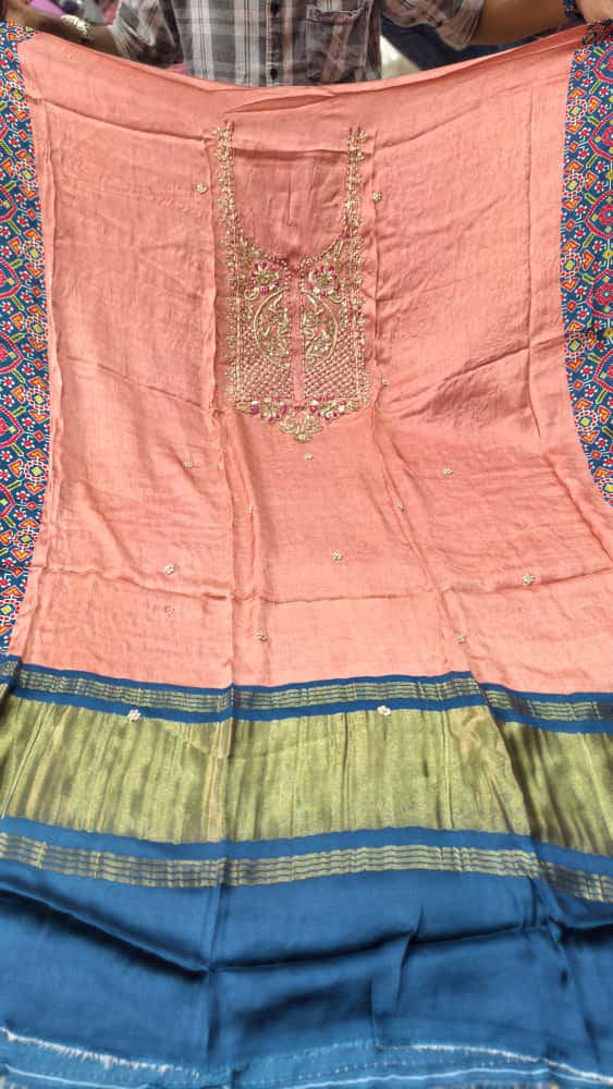 Pure Modal Gaji Silk Digital Print Kurti Fabric with Pearl Jardoshi Work