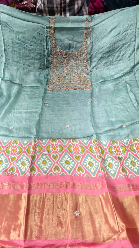 Pure Modal Gaji Silk Digital Print Kurti Fabric with Pearl Jardoshi Work