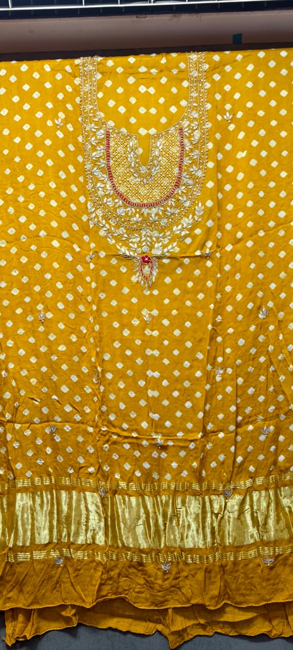 Pure Modal Gaji Silk Digital Print Kurti Fabric with Pearl Jardoshi Work