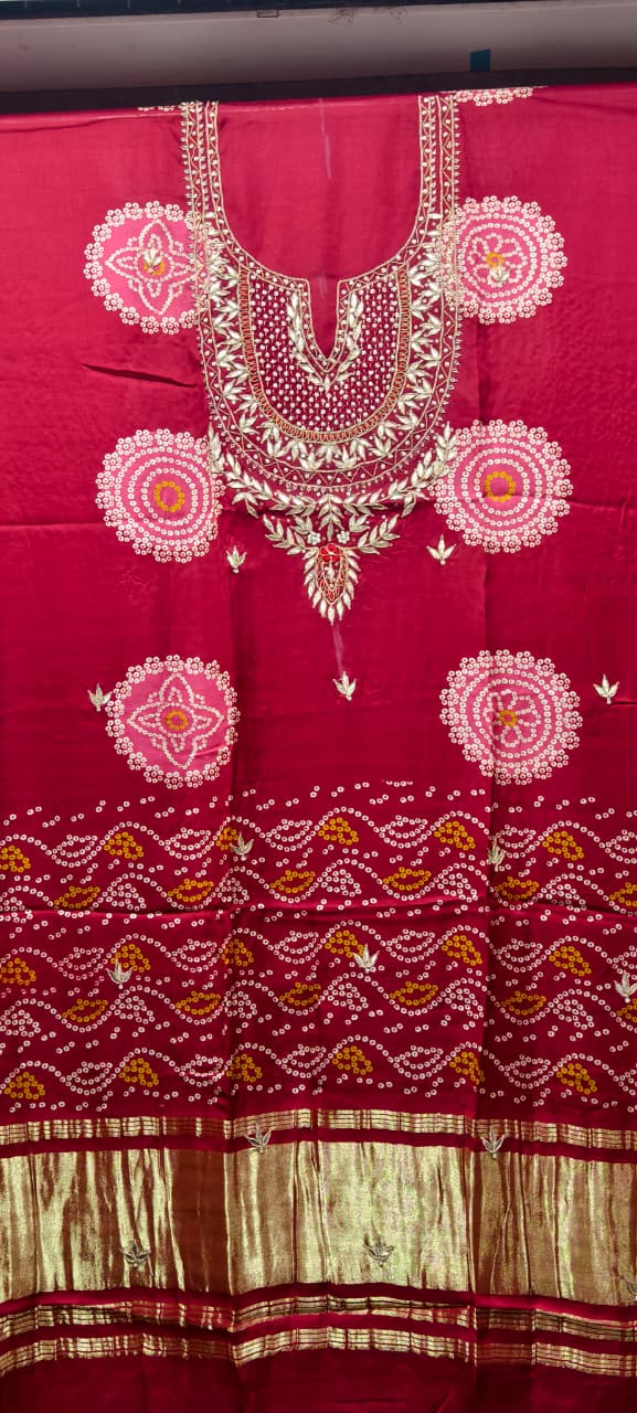 Pure Modal Gaji Silk Digital Print Kurti Fabric with Pearl Jardoshi Work