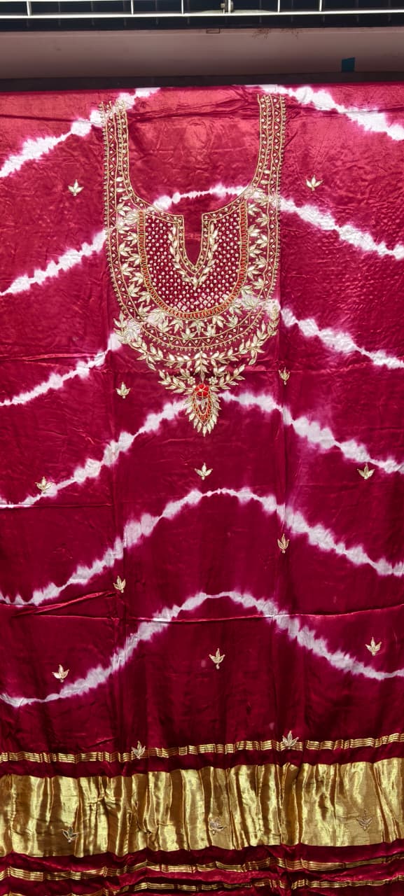 Pure Modal Gaji Silk Digital Print Kurti Fabric with Pearl Jardoshi Work