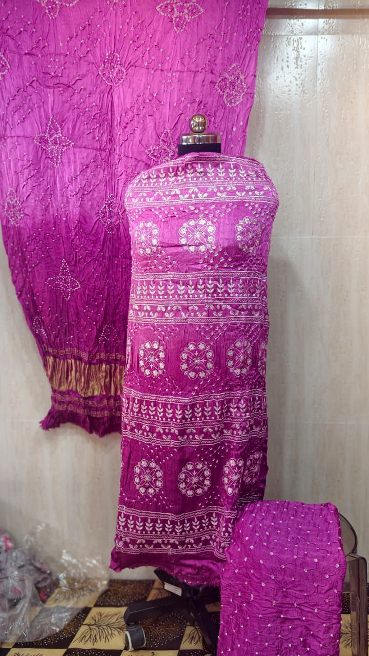 Pure Modal Gaji Silk Dress Material with Hand Bandhej & Lakhnavi Work