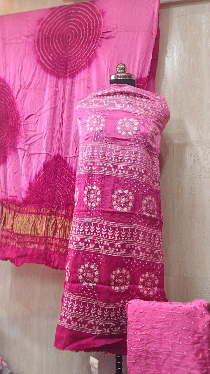 Pure Modal Gaji Silk Dress Material with Hand Bandhej & Lakhnavi Work