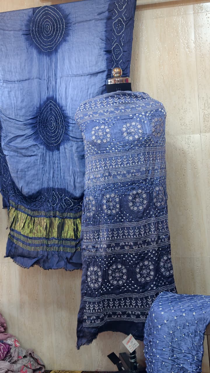 Pure Modal Gaji Silk Dress Material with Hand Bandhej & Lakhnavi Work