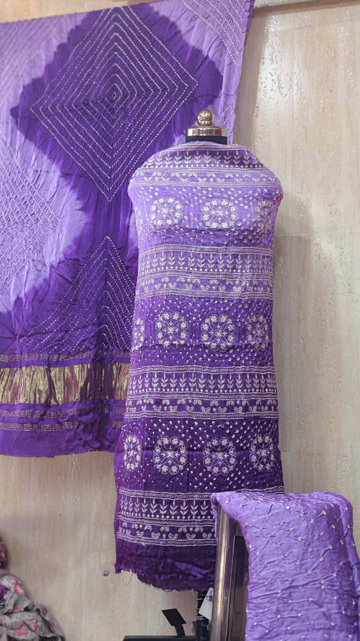 Pure Modal Gaji Silk Dress Material with Hand Bandhej & Lakhnavi Work