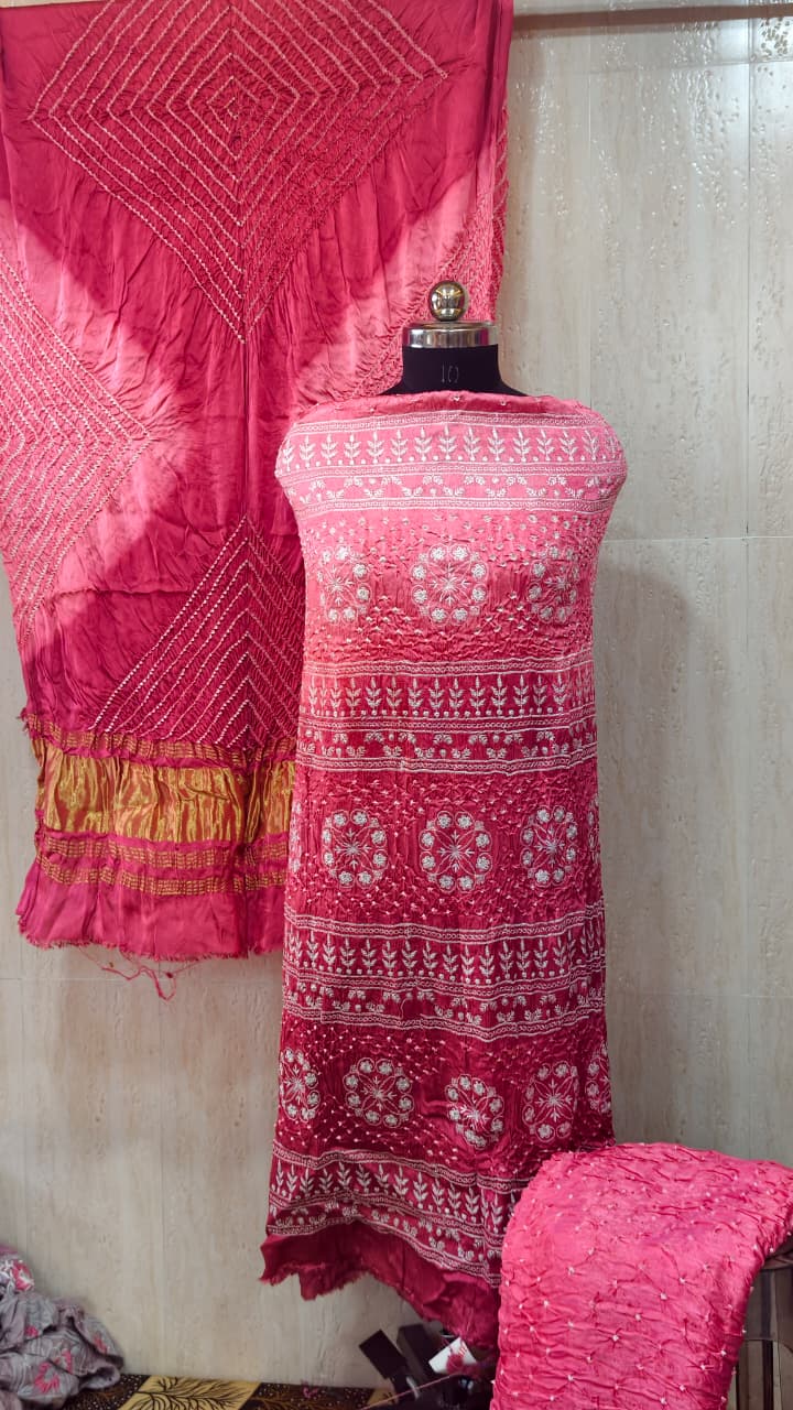 Pure Modal Gaji Silk Dress Material with Hand Bandhej & Lakhnavi Work