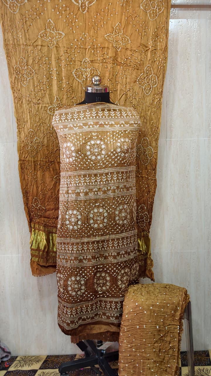 Pure Modal Gaji Silk Dress Material with Hand Bandhej & Lakhnavi Work