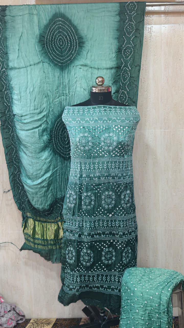 Pure Modal Gaji Silk Dress Material with Hand Bandhej & Lakhnavi Work