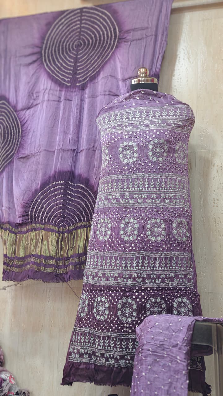 Pure Modal Gaji Silk Dress Material with Hand Bandhej & Lakhnavi Work