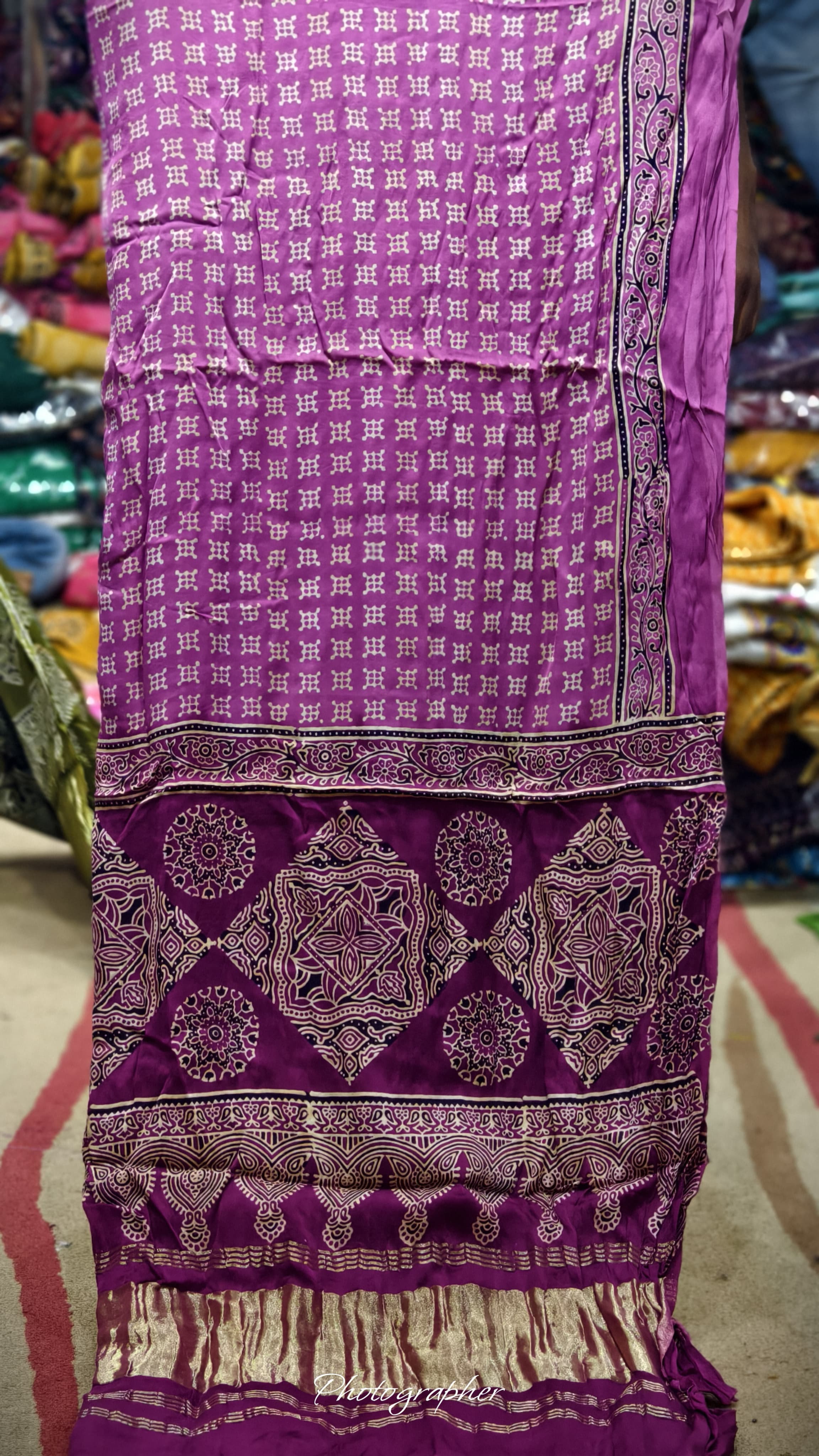 Pure Modal Gaji Silk Hand Block Print Dupatta Two Tone With Lagdi Patta