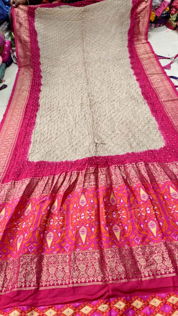 Pure Muga Silk Banarasi Saree with Hand Bandhej, Brasso Pallu & Blouse