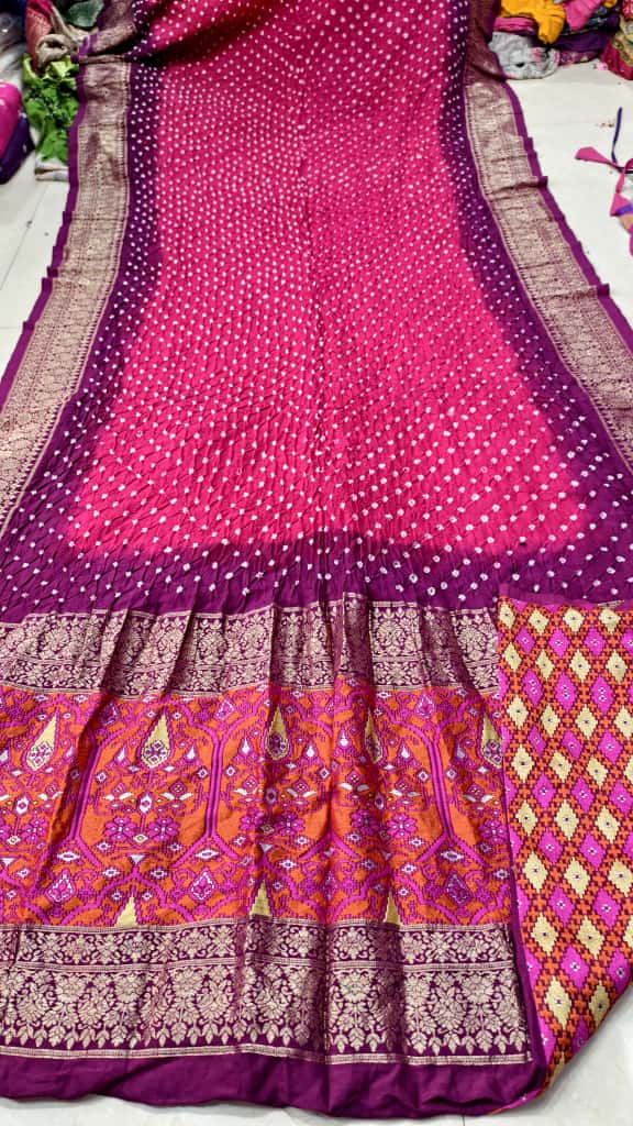 Pure Muga Silk Banarasi Saree with Hand Bandhej, Brasso Pallu & Blouse