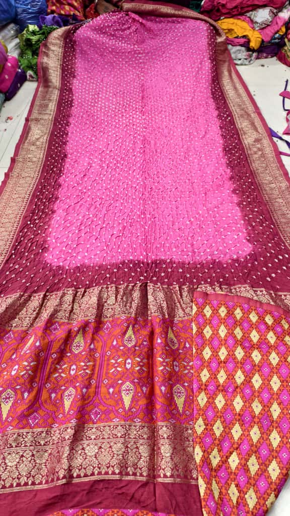 Pure Muga Silk Banarasi Saree with Hand Bandhej, Brasso Pallu & Blouse