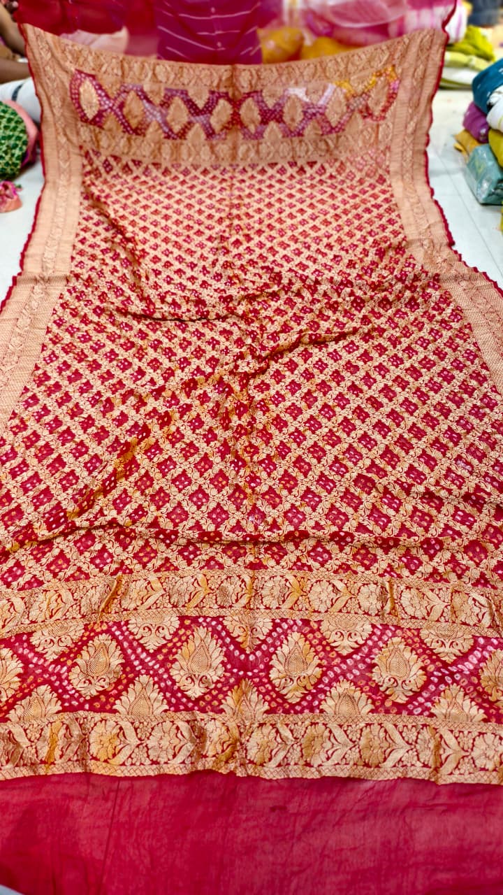 Pure Banarasi Georgette Hand Bandhej Neemzari Dupatta