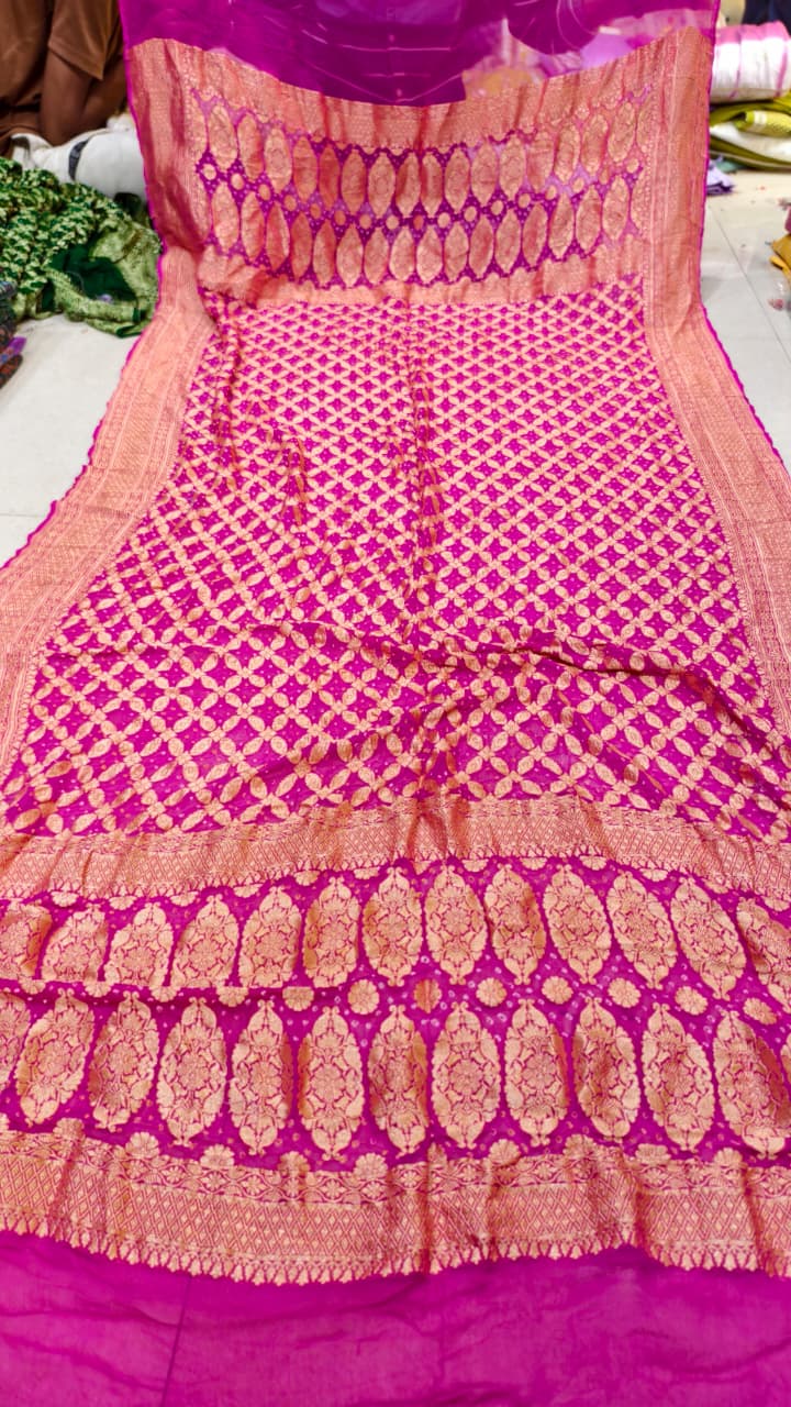 Pure Banarasi Georgette Hand Bandhej Neemzari Dupatta