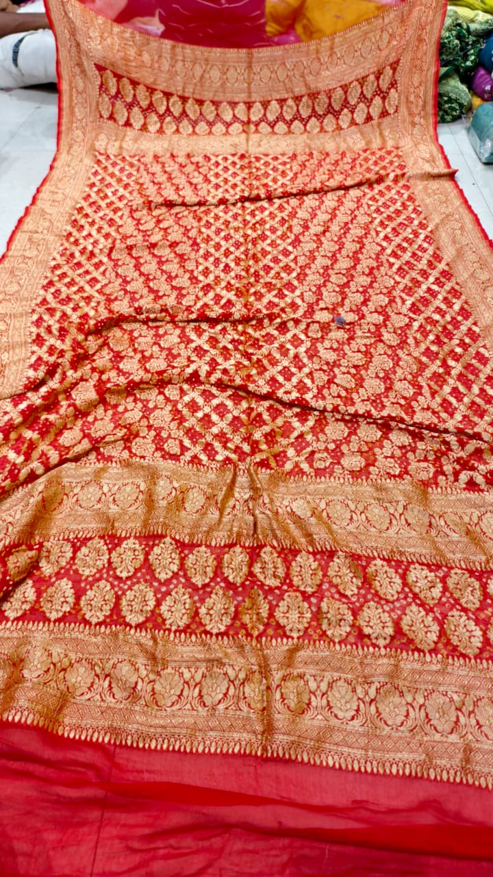 Pure Banarasi Georgette Hand Bandhej Neemzari Dupatta