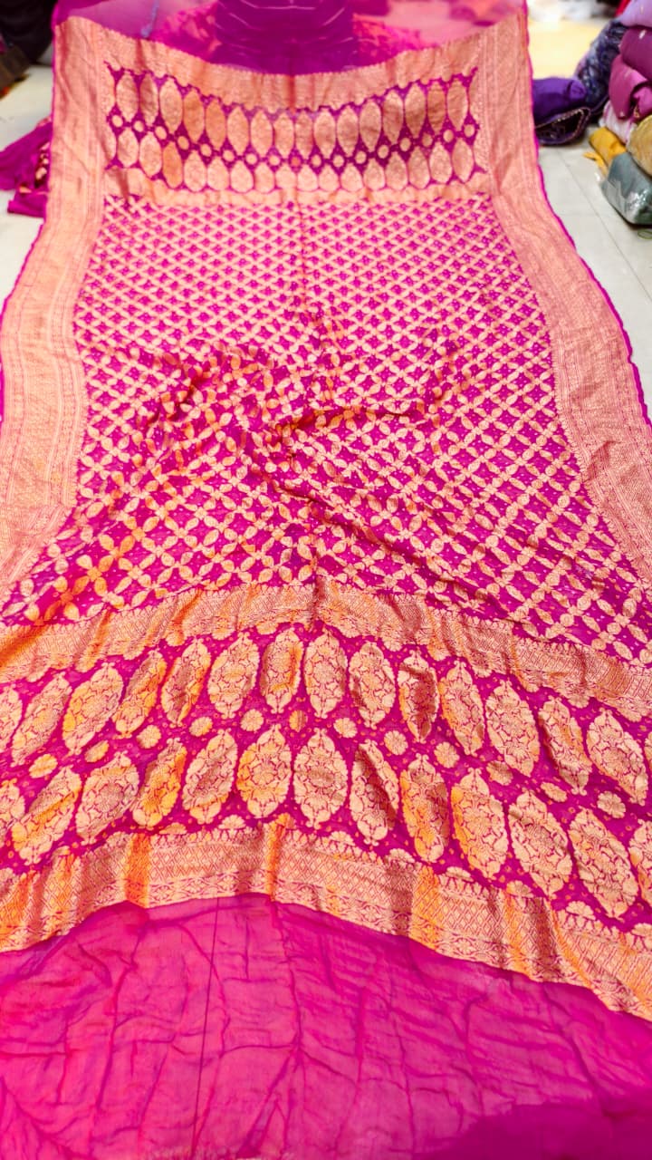 Pure Banarasi Georgette Hand Bandhej Neemzari Dupatta