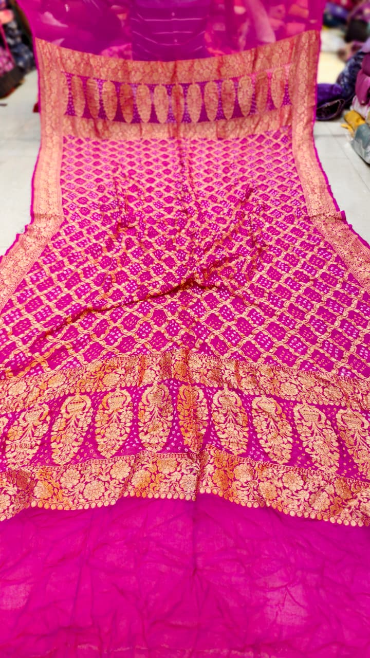 Pure Banarasi Georgette Hand Bandhej Neemzari Dupatta