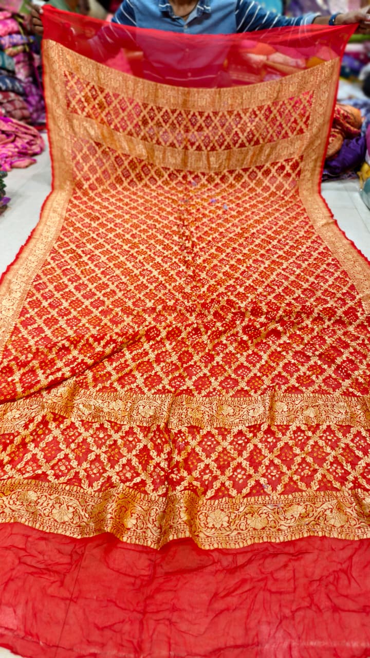 Pure Banarasi Georgette Hand Bandhej Neemzari Dupatta