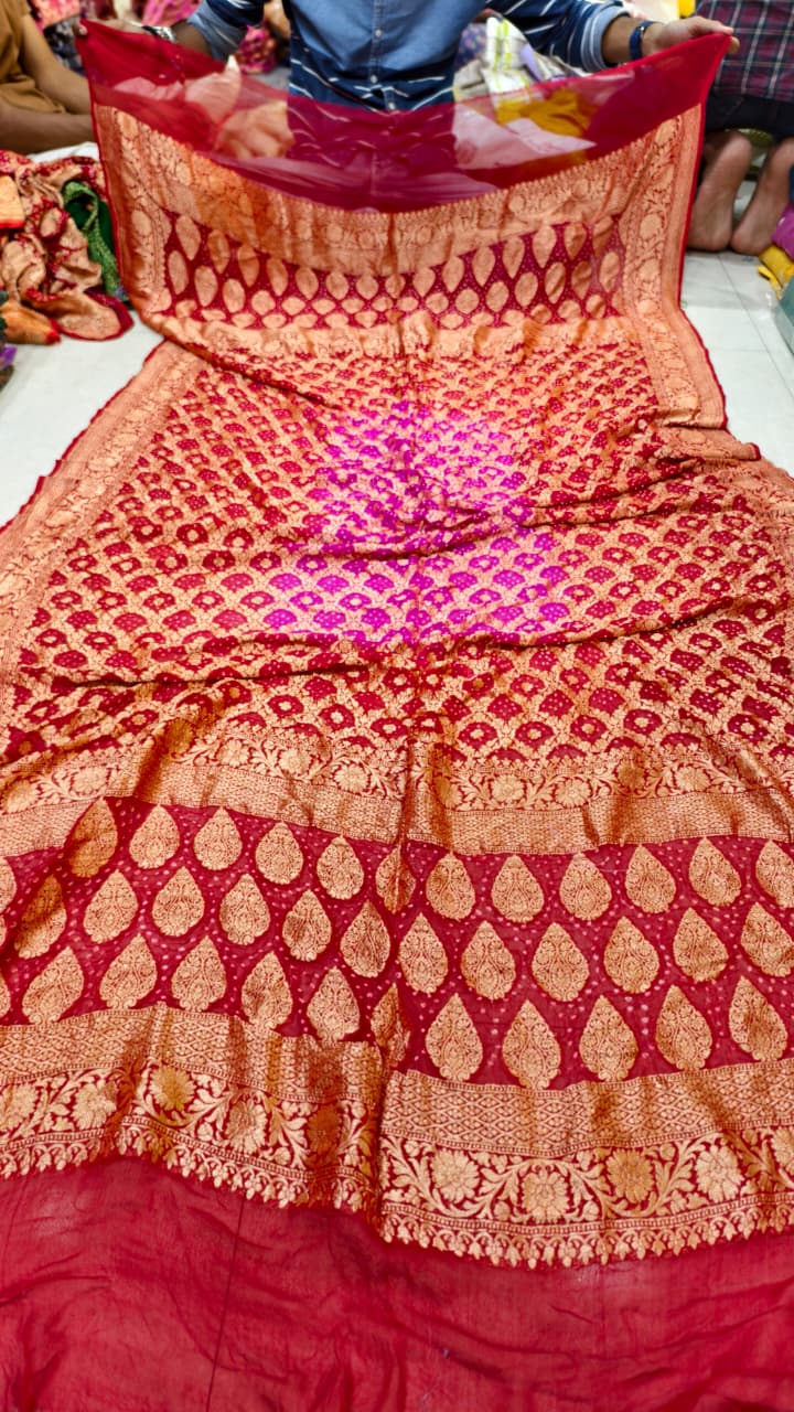 Pure Banarasi Georgette Hand Bandhej Neemzari Dupatta
