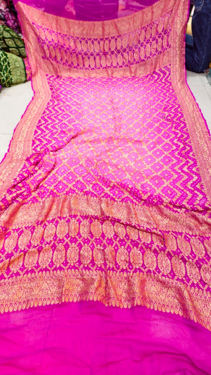 Pure Banarasi Georgette Hand Bandhej Neemzari Dupatta
