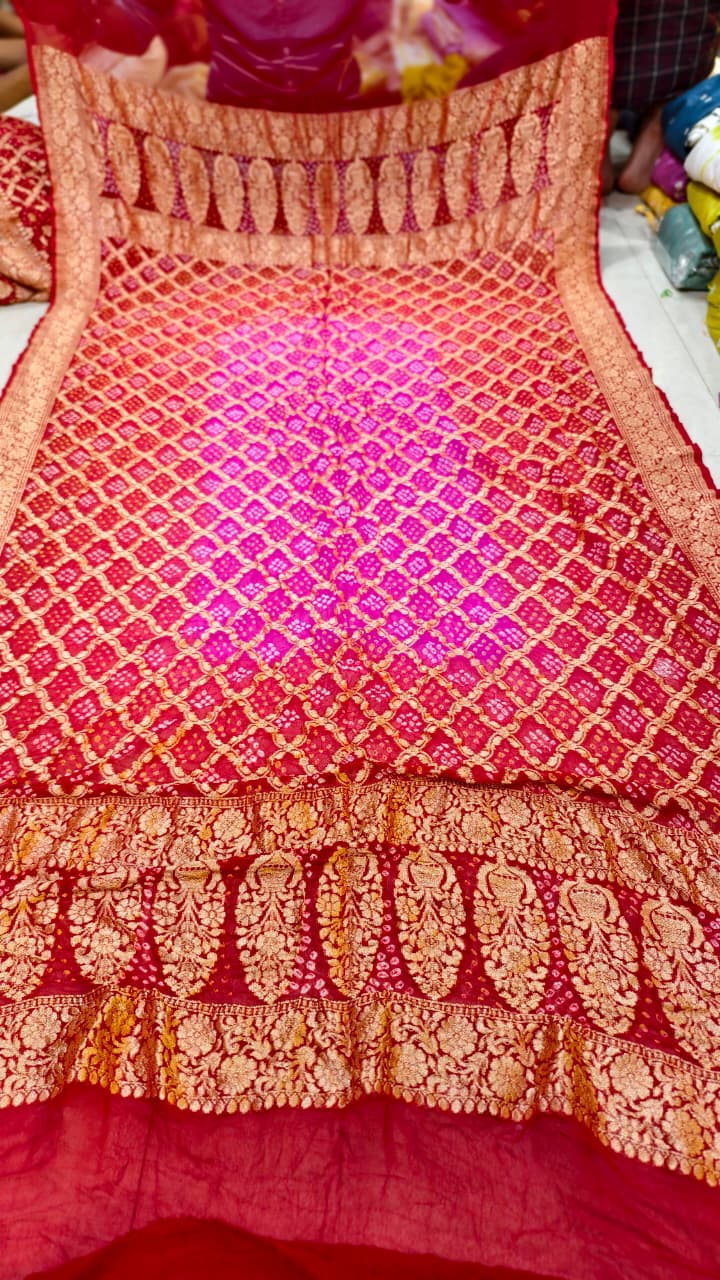 Pure Banarasi Georgette Hand Bandhej Neemzari Dupatta