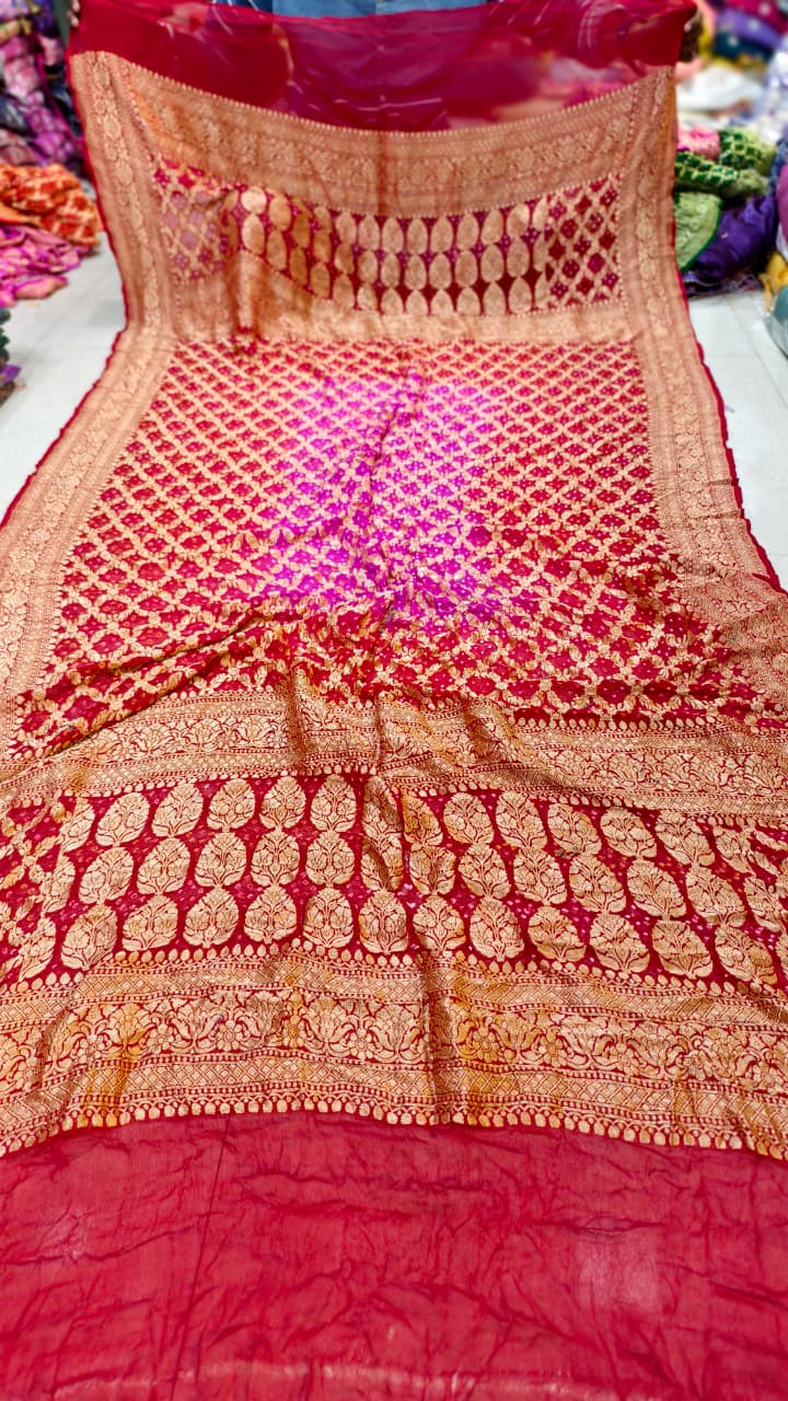 Pure Banarasi Georgette Hand Bandhej Neemzari Dupatta