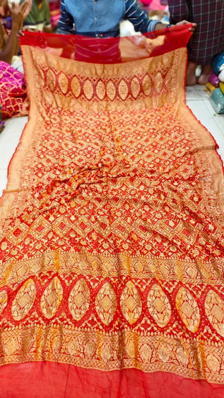Pure Banarasi Georgette Hand Bandhej Neemzari Dupatta
